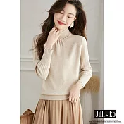 【Jilli~ko】半高領時尚氣質女釘珠壓褶長袖針織衫 J11575 FREE 杏色