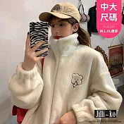 【Jilli~ko】小熊刺繡女羊羔絨保暖立領棒球外套中大尺碼 J11592  FREE 白色