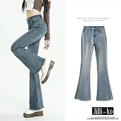 【Jilli~ko】時尚修身毛鬚高腰女彈力喇叭牛仔褲 M-2XL J11580 L 藍色