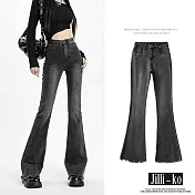 【Jilli~ko】時尚修身毛鬚高腰女彈力喇叭牛仔褲 M-2XL J11580  L 黑色