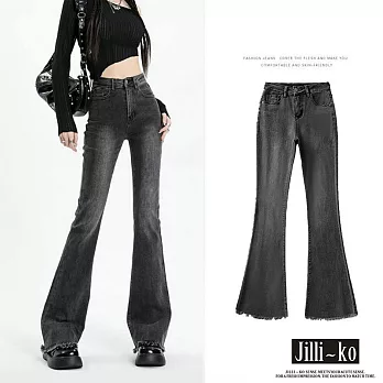 【Jilli~ko】時尚修身毛鬚高腰女彈力喇叭牛仔褲 M-2XL J11580  2XL 黑色