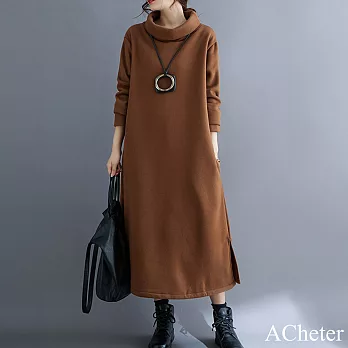 【ACheter】 復古文藝氣質加絨加厚寬鬆高領長袖連身裙長版洋裝# 120559 XL 咖色
