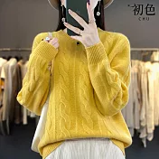 【初色】純色麻花圓領長袖內搭打底針織衫毛衣上衣女上衣-共8色-32014(F可選) F 黃色