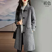 【初色】韓版翻領單排扣長袖外套中長款女外套毛呢大衣女上衣-共3色-31998(M-2XL可選) 2XL 灰色