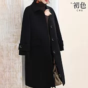 【初色】韓版翻領單排扣長袖外套中長款女外套毛呢大衣女上衣-共3色-31998(M-2XL可選) 2XL 黑色