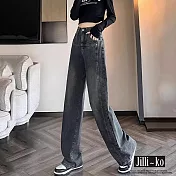 【Jilli~ko】水泥灰潮流女高腰闊腿直筒拖地牛仔褲 M-2XL J11579 L 深灰色