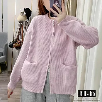 【Jilli~ko】韓版圓領顯瘦女雙拉鍊短款毛衣外套 J11593  FREE 紫色