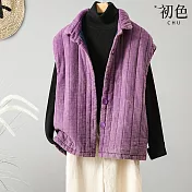 【初色】復古風無袖條紋壓褶純色寬鬆保暖馬甲鋪棉背心外套-共4色-31677(M-2XL可選) M 紫色
