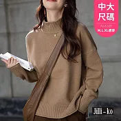 【Jilli~ko】慵懶風女捲邊高領寬鬆套頭毛衣中大尺碼 J11607  FREE 卡其色