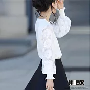 【Jilli~ko】氣質鏤空蕾絲拼接燈籠袖針織衫毛衣 J11569 FREE 白色