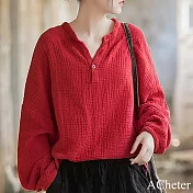 【ACheter】 亞麻感長袖圓領純色寬鬆復古棉麻文藝短版上衣# 120560 3XL 紅色