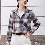 【MsMore】 格子減齡襯衫韓版寬鬆復古百搭長袖短上衣# 120256 M 橘色