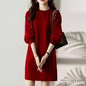 【MsMore】 配大衣毛衣圓領寬鬆長袖釘珠針織連身短裙# 120601 FREE 紅色