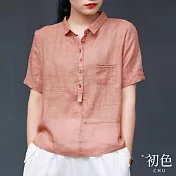 【初色】棉麻風涼爽透氣純色翻領短袖襯衫上衣-共2色-70018(M-2XL可選) XL 粉色