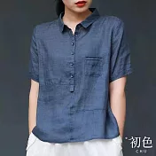 【初色】棉麻風涼爽透氣純色翻領短袖襯衫上衣-共2色-70018(M-2XL可選) XL 藍色