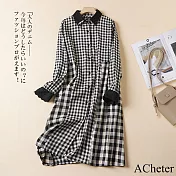 【ACheter】 韓版寬鬆大碼時尚花邊格子棉麻感襯衫長袖中長版洋裝# 120697 2XL 格子色