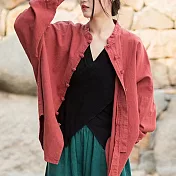 【ACheter】 中式設計感復古盤扣別緻棉麻感茶服襯衫式國風外罩上衣# 120701 L 紅色