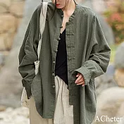 【ACheter】 中式設計感復古盤扣別緻棉麻感茶服襯衫式國風外罩上衣# 120701 L 綠色