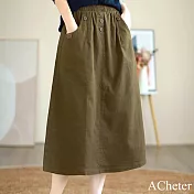 【ACheter】 文藝復古純色半身裙鬆緊腰紐扣顯瘦通勤A字長裙# 120710 L 軍綠色