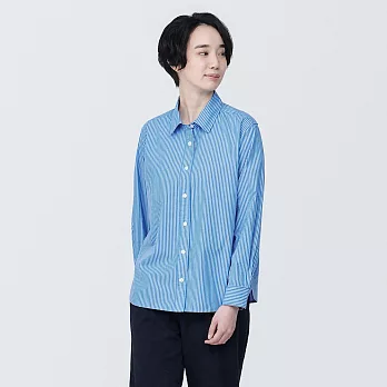 【MUJI 無印良品】女有機棉水洗平織布長袖襯衫 XS 藍直紋