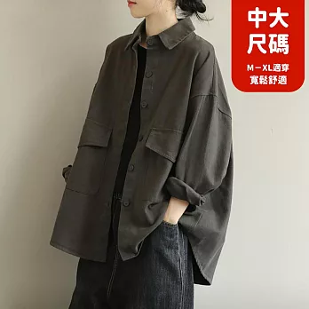 【慢。生活】復古工裝襯衫文藝寬鬆顯瘦上衣中大尺碼 J11669  FREE 深灰色