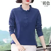 【初色】木耳立領領寬鬆大碼T恤長袖上衣-共4色-31555(M-2XL可選) 2XL 藍色