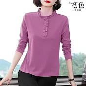 【初色】木耳立領領寬鬆大碼T恤長袖上衣-共4色-31555(M-2XL可選) 2XL 紫色