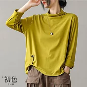 【初色】中高領T恤修身純色大碼長袖上衣-共3色-31558(M-2XL可選) M 黃色