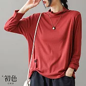 【初色】中高領T恤修身純色大碼長袖上衣-共3色-31558(M-2XL可選) M 紅色