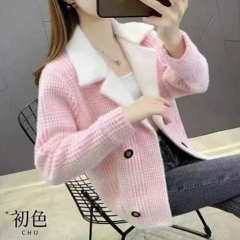 【初色】西裝翻領格紋長袖針織開衫外套-共3色-31660(F可選) F 粉紅色