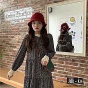 【Jilli~ko】復古蕾絲碎花寬鬆中長款連衣裙 J11637  FREE 黑色