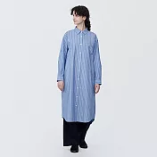 【MUJI 無印良品】女有機棉水洗平織布長袖洋裝 S 深藍直紋
