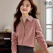 【初色】休閒翻領寬鬆長袖單排扣襯衫上衣女上衣-共2色-32006(M-2XL可選) XL 粉色