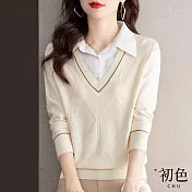 【初色】大菱格紋翻領假兩件長袖針織衫上衣女上衣-共4色-32010(F可選) F 白色