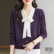 【初色】素色拼接V領綁帶蝴蝶結長袖寬鬆針織毛衣上衣女上衣-共5色-31986(F可選) F 深紫色