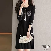 【初色】圓領圖騰裝飾針織上衣百褶下裙洋裝-黑色-66086(F可選) F 黑色
