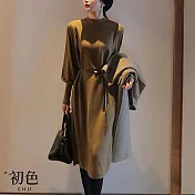 【初色】法式復古小香風針織毛衣連身長裙洋裝-共3色-64577(F可選) F 橄欖綠