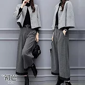 【初色】時尚圓領披肩長袖外套+高腰有型不軟塌闊腿褲套裝-灰色-31862(M-2XL可選) XL 灰色