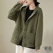 【初色】休閒復古簡約素色菱格保暖寬鬆連帽單排釦長袖大口袋夾克鋪棉外套-共6色-31813(M-2XL可選) XL 綠色