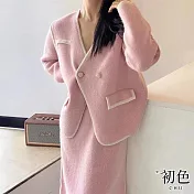 【初色】小香風毛衣針織外套開衫休閒外套+純色無袖針織連身洋裝長洋裝套裝-共3色-31993(F可選) F 粉色