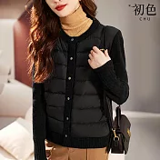 【初色】復古圓領針織拼接鋪棉保暖長袖外套女上衣-共2色-31879(M-2XL可選) L 黑色