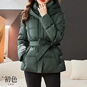 【初色】復古風保暖加厚半高領腰帶長袖口袋鋪棉外套女上衣-墨綠色-31897(M-2XL可選) XL 墨綠色