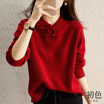 【初色】微立領V領復古中式蜻蜓盤扣短款長袖針織衫毛衣上衣女上衣-紅色-32084(F可選) F 紅色