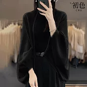 【初色】開衫寬鬆素色針織長袖披肩外套女上衣-共4色-31929(F可選) F 黑色