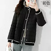 【初色】保暖拼色半高領排釦長袖羽絨棉外套女外套-共2色-32115(M-2XL可選) XL 黑色