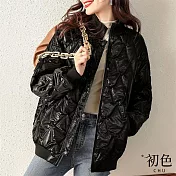 【初色】半立領大菱格紋羽絨棉長袖棒球外套夾克休閒外套-黑色-32116(M-2XL可選) M 黑色