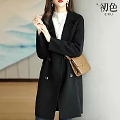 【初色】寬鬆純色西裝領長袖中長款毛呢大衣女外套-共3色-31905(M-2XL可選) XL 黑色