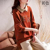 【初色】POLO領假兩件棉麻寬鬆T恤長袖上衣女上衣-紅色-32105(M-2XL可選) M 紅色