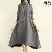 【初色】文藝半高領不規則寬鬆長袖棉麻風中長裙洋裝長洋裝-共2色-31949(M-2XL可選) XL 灰色