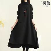【初色】文藝半高領不規則寬鬆長袖棉麻風中長裙洋裝長洋裝-共2色-31949(M-2XL可選) XL 黑色